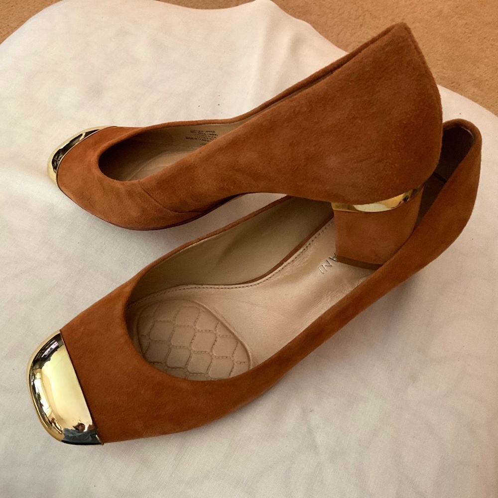 Antonio Melani suede pumps with gold accent toe and heel bar